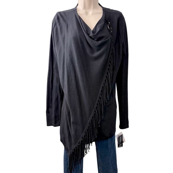 NWT INC Black Fringe Shawl Drape Front Top Long Sleeve Shoulder Buckle - Picture 16 of 16